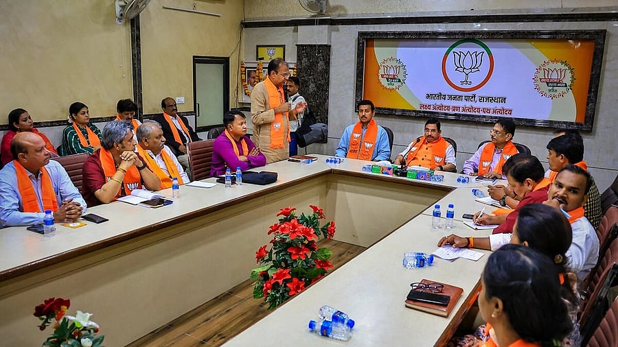 <div class="paragraphs"><p>Union Minister &amp; BJP's election in-charge of Rajasthan Pralhad Joshi and BJP MP Rajyavardhan Singh Rathore during a meeting of party's spokespersons and media panelists.&nbsp;</p></div>
