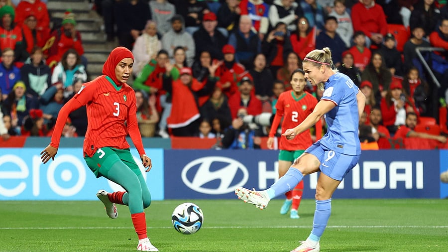 <div class="paragraphs"><p>Soccer Football - FIFA Women’s World Cup Australia and New Zealand 2023 - Round of 16 - France v Morocco - Hindmarsh Stadium, Adelaide, Australia - August 8, 2023 France's Eugenie Le Sommer scores their third goal</p></div>