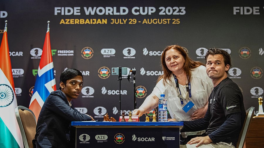 <div class="paragraphs"><p>India's GM R Praggnanandhaa and Norway's GM Magnus Carlsen at the final of the Chess World Cup 2023.</p></div>
