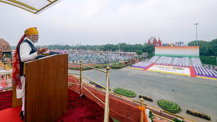 <div class="paragraphs"><p>Prime Minister Narendra Modi addresses the nation from the historic Red Fort on the occasion of the 77th Independence Day, in New Delhi, Tuesday, Aug. 15, 2023.</p></div>