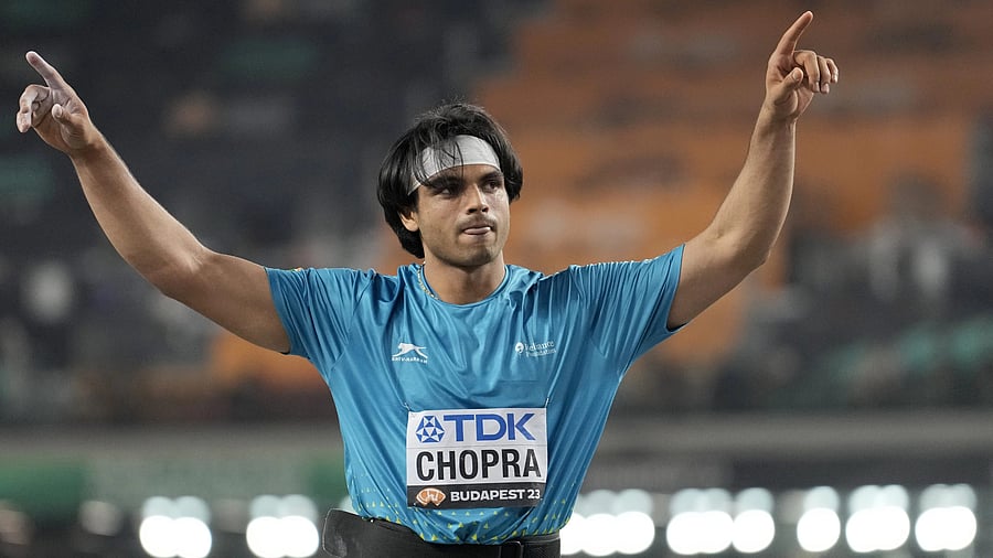 <div class="paragraphs"><p>Neeraj Chopra, of India, reacts after winning the gold medal in the Men's javelin throw final during the World Athletics Championships in Budapest, </p></div>
