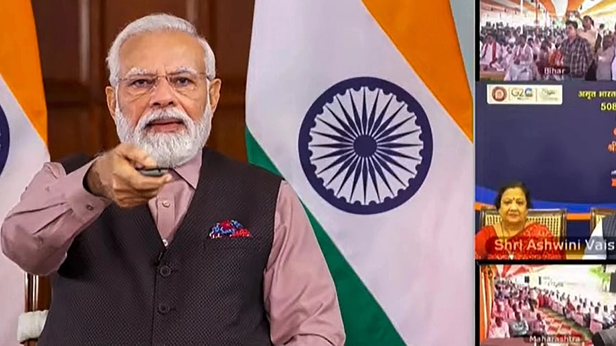 <div class="paragraphs"><p> Prime Minister Narendra Modi lays the foundation stone for redevelopment of 508 railway stations via video conferencing, Sunday, Aug 6, 2023. </p></div>