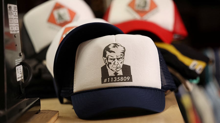 <div class="paragraphs"><p>Hats with an image depicting the mug shot of former President Donald Trump are pictured after being printed at the Y-Que printing store in Los Angeles, California.</p></div>