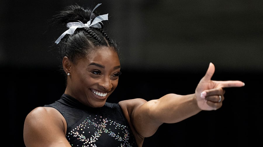 <div class="paragraphs"><p>Simone Biles practices her routine during the 2023 U.S. Gymnastics Championships at SAP Center. </p></div>