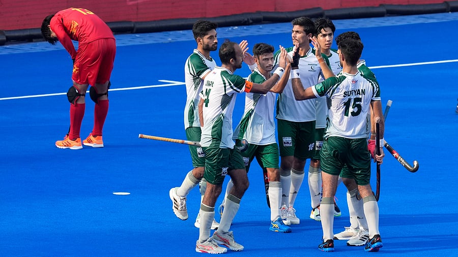 <div class="paragraphs"><p>Pakistan's Ammad Muhammad celebrates with teammates after scoring a goal during the Asian Champions Trophy 2023 hockey match for 5/6th place between Pakistan and China, at Mayor Radhakrishnan Hockey Stadium, in Chennai, Friday, Aug. 11, 2023.</p></div>