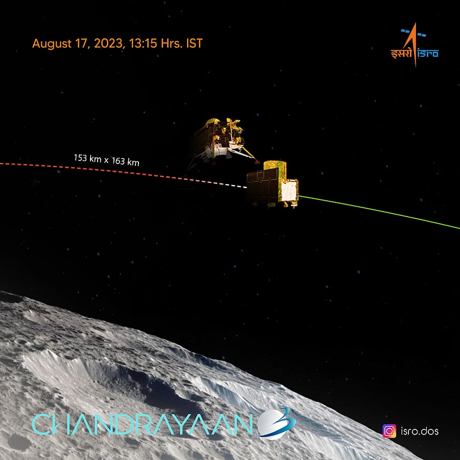 <div class="paragraphs"><p>An illustration showing ISRO's 'Chandrayaan-3' after its landing module (LM) successfully separated from the propulsion module (PM). Landing Module is set to descend to a slightly lower orbit upon a deboosting planned for Friday, Aug. 18, 2023, around 1600 Hrs, IST. </p></div>