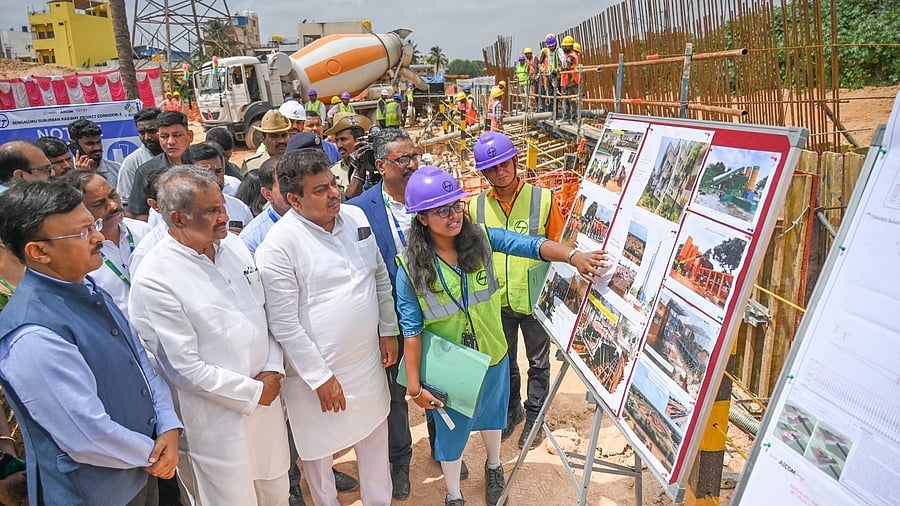 <div class="paragraphs"><p>Ministers MB Patil and KJ George inspect the work site at Lingarajapuram on Friday. Gaurav Gupta, Additional Chief Secretary, Infrastructure Department, and K-RIDE officials were present. </p></div>
