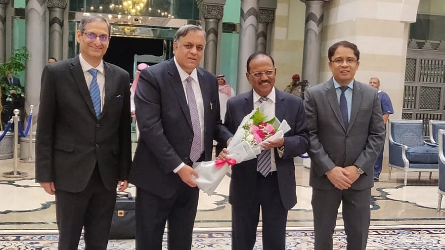 <div class="paragraphs"><p>NSA Ajit Doval being welcomed on his arrival to take part in National Security Advisors' meeting on Ukraine, in Jeddah. </p></div>