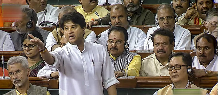 <div class="paragraphs"><p>Union Minister Jyotiraditya Scindia speaks on the Motion of No-Confidence in the Lok Sabha during the Monsoon session of Parliament, in New Delhi, Thursday, Aug. 10, 2023.</p></div>