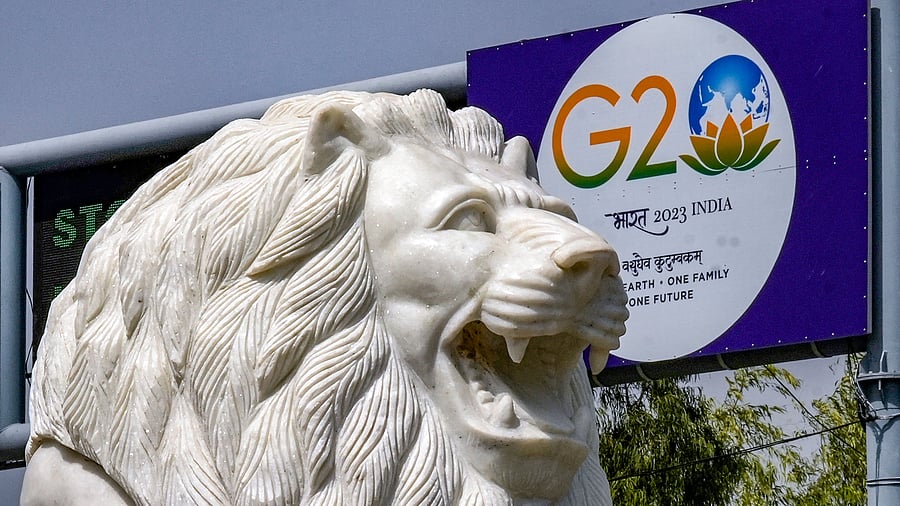 <div class="paragraphs"><p>Stone-carved lion statue installed near the IGI Airport in preparation for the G20 Summit, in New Delhi. </p></div>