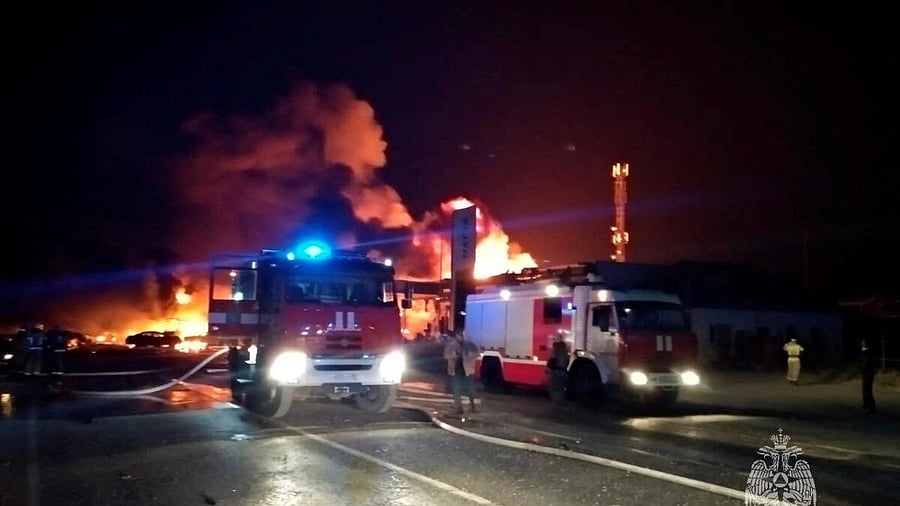 <div class="paragraphs"><p>A view shows firefighting vehicles at the accident scene following an explosion at a gas station in the city of Makhachkala, Russia.</p></div>