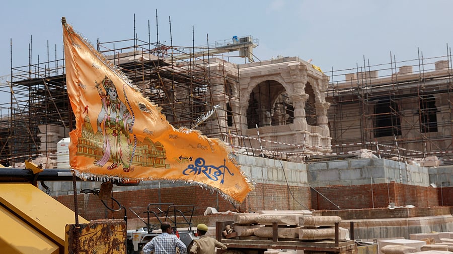 <div class="paragraphs"><p>A religious flag is seen in front of the under-construction Hindu Ram Temple in Ayodhya in India, July 9, 2023.</p></div>