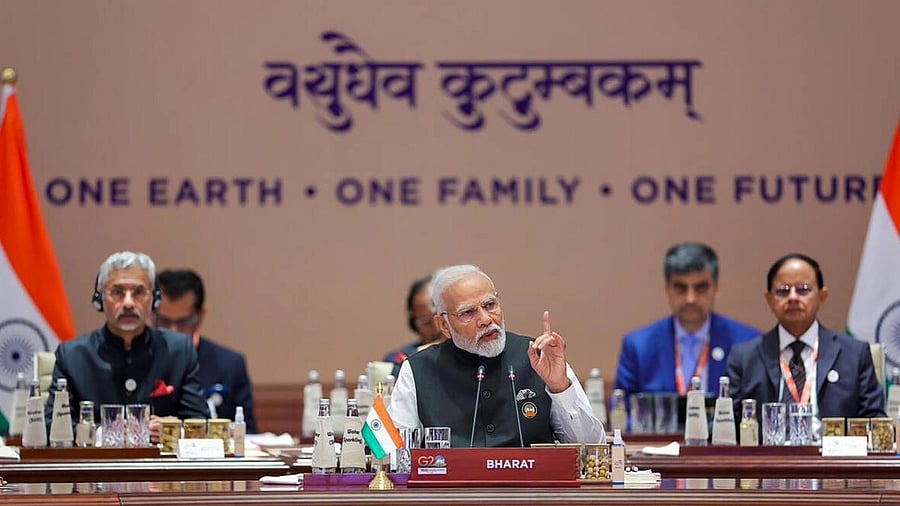 <div class="paragraphs"><p>Prime Minister Narendra Modi makes remarks at the Session-1 on 'One Earth' during the G20 Summit 2023 at the Bharat Mandapam convention center, in New Delhi.</p></div>