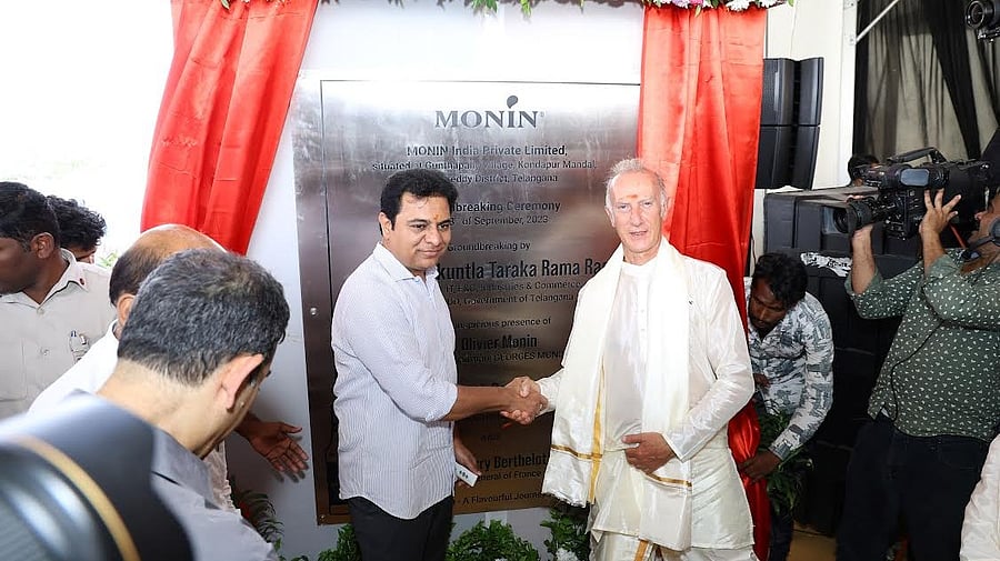 <div class="paragraphs"><p>Telangana’s Industries and IT minister, K T Rama Rao shakes hand with&nbsp;Georges Monin SAS, President and Chairman, Olivier Monin at the ground breaking ceremony in Hyderabad on Wednesday.</p></div>