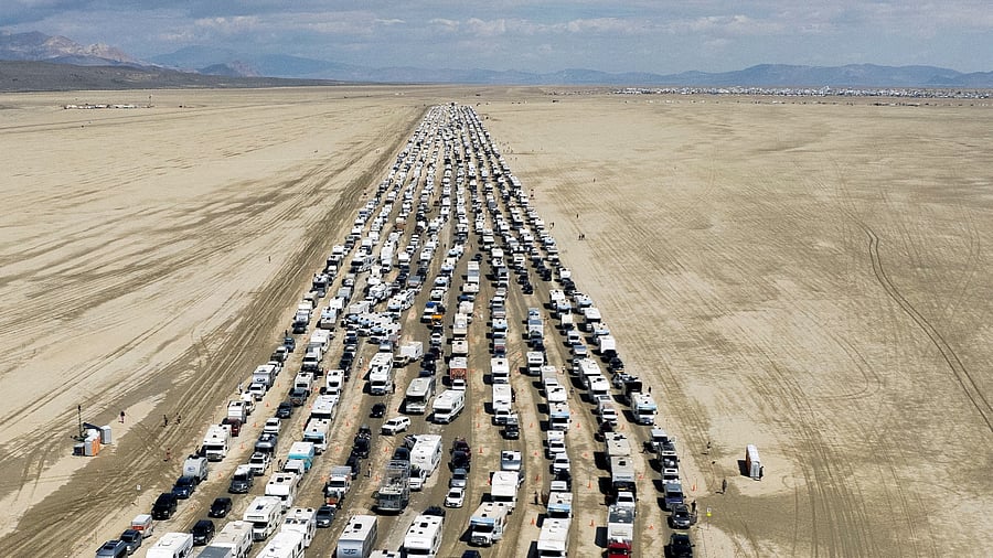 <div class="paragraphs"><p>Vehicles are seen departing the Burning Man festival in Black Rock City, Nevada, US. </p></div>