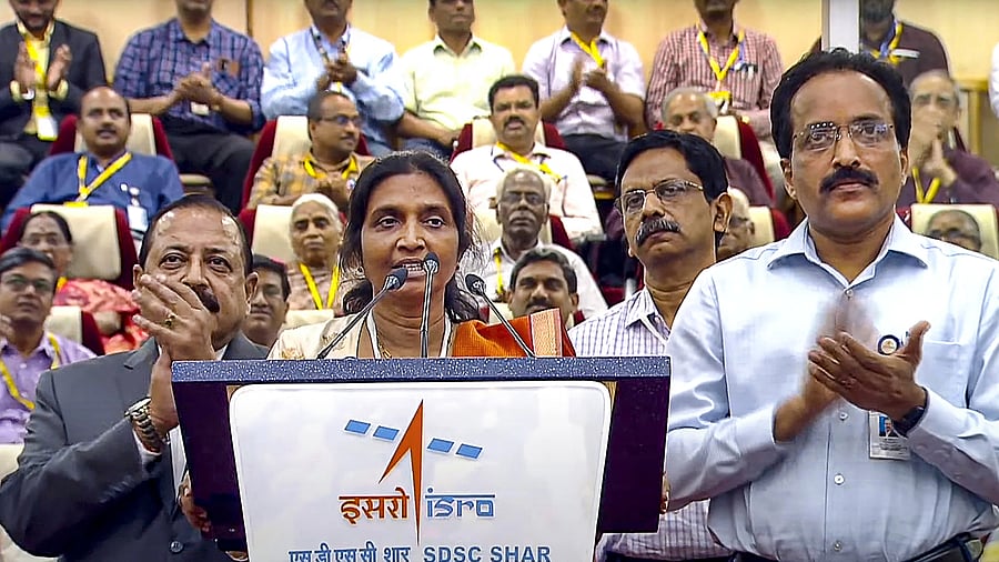 <div class="paragraphs"><p>Nigar Shaji, the project director of the 'Aditya L1' mission, speaks as Union Minister of State (Ind. Charge) Science &amp; Technology Jitendra Singh (left) and ISRO Chairman S Somanath (right) applaud  the successful launch of India's first solar mission, in Sriharikota, Saturday, September 2, 2023. </p></div>