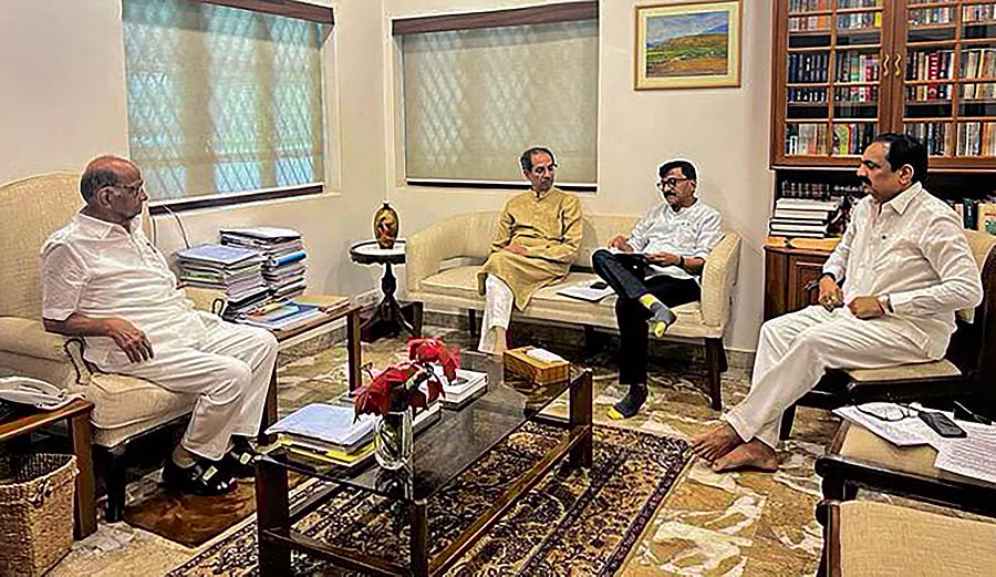 <div class="paragraphs"><p>File Photo of NCP Chief Sharad Pawar, Shiv Sena (UBT) Chief Uddhav Thackeray and Rajya Sabha Member Sanjay Raut, and NCP leader Jayant Patil during a meeting at Pawar's residence, in Mumbai.</p></div>