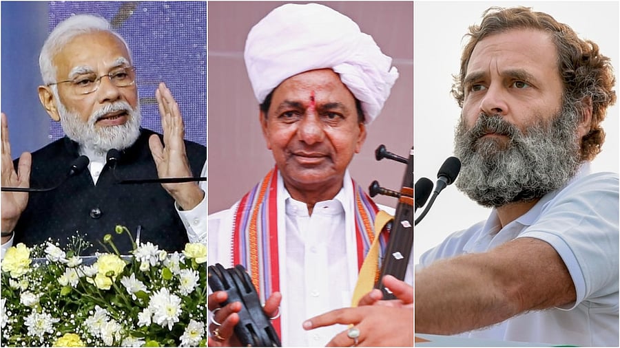 <div class="paragraphs"><p>PM Narendra Modi(L), BRS chief K Chandrsekhar Rao(C) and Rahul Gandhi(R).</p></div>