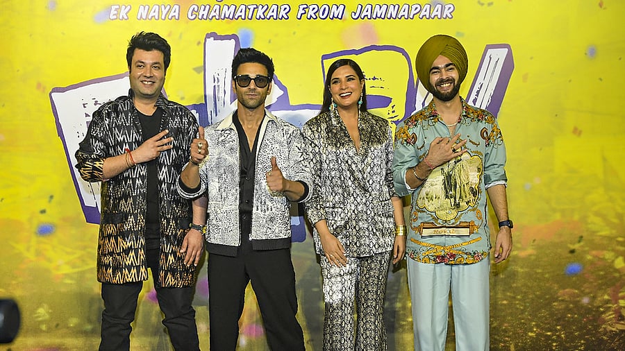 <div class="paragraphs"><p>Actors Pulkit Samrat, Varun Sharma, Richa Chadha and Manjot Singh pose for photos during the promotions of 'Fukrey 3.'</p></div>