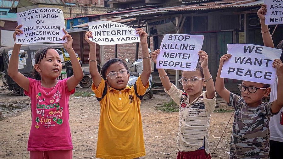 <div class="paragraphs"><p>Children take part in a protest demanding restoration of peace in Manipur, in Imphal, Saturday, Sept. 2, 2023.</p></div>