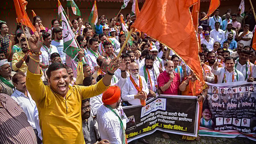 <div class="paragraphs"><p>Members of Maha Vikas Agadhi (MVA) stage protest against the state government over Lathi charge incident on Maratha Kranti Morcha members at Jalna, in Navi Mumbai.</p></div>