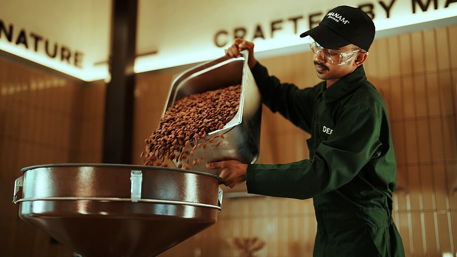 <div class="paragraphs"><p>Beans emptied into a mixer. Chocolate nibs are then milled, and poured into an idli grinder. The grinding goes on for about 120 hours, at the end of which chocolate liquor is produced. </p></div>