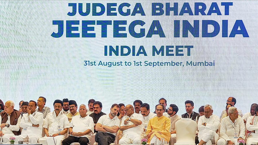 <div class="paragraphs"><p>I.N.D.I.A leaders at the Opposition bloc's meeting in Mumbai, September 1, 2023.</p></div>