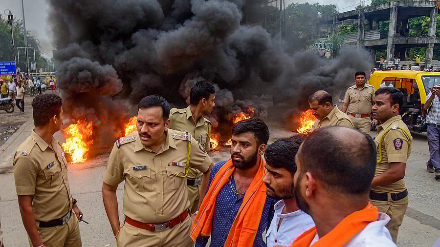 <div class="paragraphs"><p>Police at the spot after people from Maratha community staged a protest over the issue of Maratha reservation, in Nagpur, Thursday, Sept 7, 2023.</p></div>
