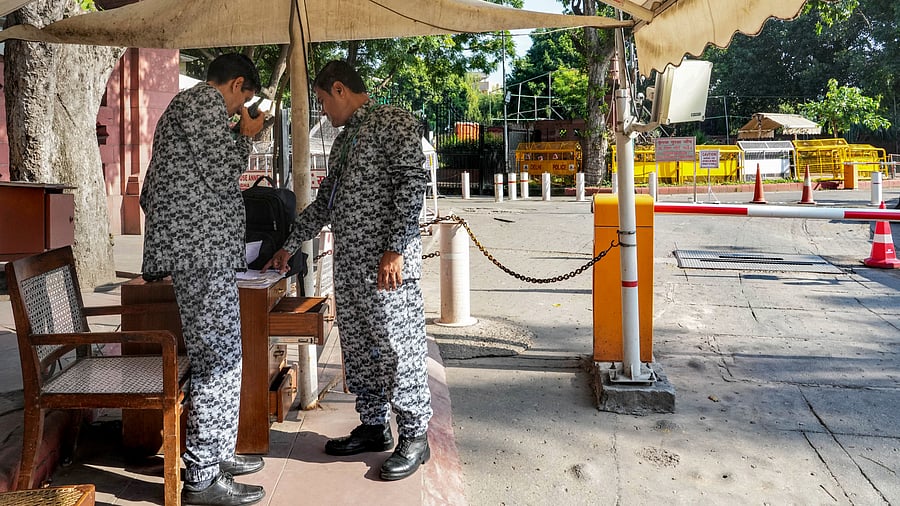 <div class="paragraphs"><p>New Delhi: Security personnel in new uniform stand guard during a special session of Parliament, in New Delhi, Tuesday, Sept. 19, 2023.</p></div>