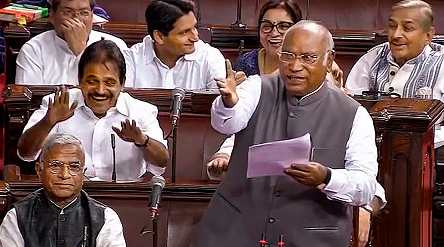 <div class="paragraphs"><p>Leader of Opposition in Rajya Sabha Mallikarjun Kharge speaks in the House during a special session of Parliament.</p></div>