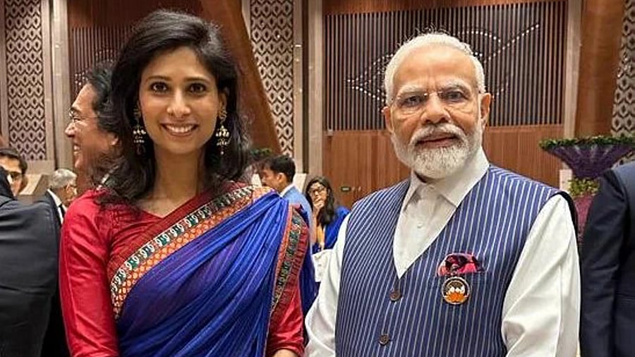 <div class="paragraphs"><p> Prime Minister Narendra Modi with Deputy Managing Director of International Monetary Fund (IMF) Gita Gopinath at the Gala Dinner during the G20 Summit at Bharat Mandapam convention centre, in New Delhi, Saturday, Sept 9, 2023. </p></div>