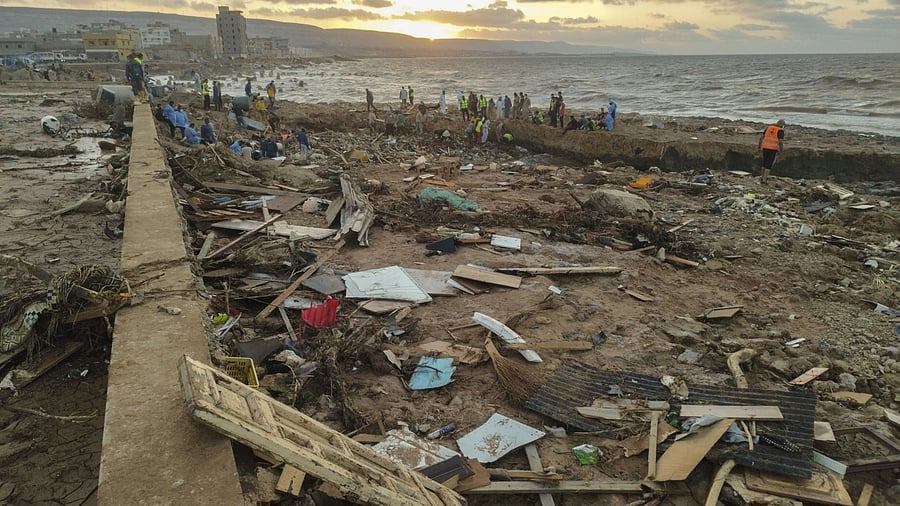 <div class="paragraphs"><p>Rescuers and relatives search for bodies of the flood victims at the Corniche of the city of Derna, Libya, Friday, Sept. 15, 2023. The death toll in Libya's coastal city of Derna has as search efforts continue following a massive flood fed by the breaching of two dams in heavy rains, the Libyan Red Crescent. </p></div>