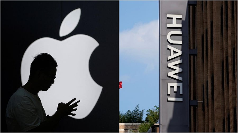 <div class="paragraphs"><p>Representative image of an Apple logo and a Huawei logo seen outside a store. </p></div>