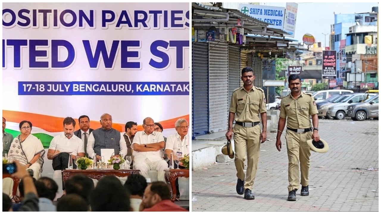 <div class="paragraphs"><p>Opposition leaders at a press conference in Bengaluru on July 18, where the Opposition parties named their new alliance I.N.D.I.A/ Policeman during Bengaluru Bandh.</p></div>