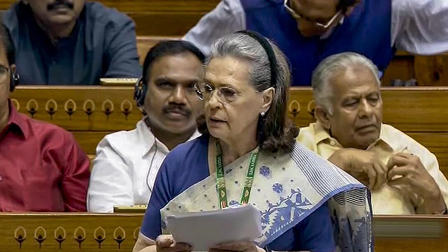 <div class="paragraphs"><p>Congress MP Sonia Gandhi speaks in the Lok Sabha during the special session of the Parliament, in New Delhi.</p></div>