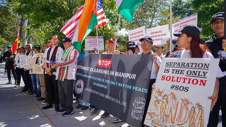 <div class="paragraphs"><p>Members of Manipur's Kuki-Zomi community stage a protest demanding separation of the state, in Washington. </p></div>