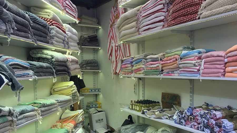 A shop owned by Emir in Instanbul’s Grand Bazaar, where Turkey towels of various GSM are stacked.