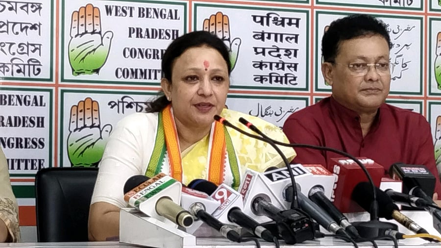 <div class="paragraphs"><p>Congress leader Aradhana at the Pradesh Congress office in Kolkata on Monday. </p></div>