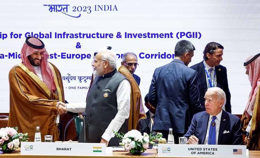 <div class="paragraphs"><p>Prime Minister Narendra Modi, Saudi Arabian Crown Prince Mohammed bin Salman Al Saud,  and US President Joe Biden attend the Partnership for Global Infrastructure and Investment event on the day of the G20 summit in New Delhi, India, September 9, 2023. </p></div>