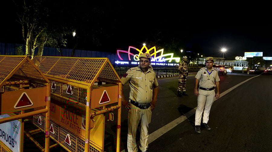 <div class="paragraphs"><p>Security personnel stand guard near Pragati Maidan ahead of the G20 Summit, in New Delhi.  </p></div>