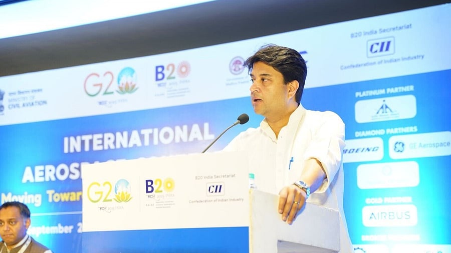 <div class="paragraphs"><p>Civil Aviation Minister Jyotiraditya Scindia speaking at the International Aerospace Conference in Gwalior.</p></div>