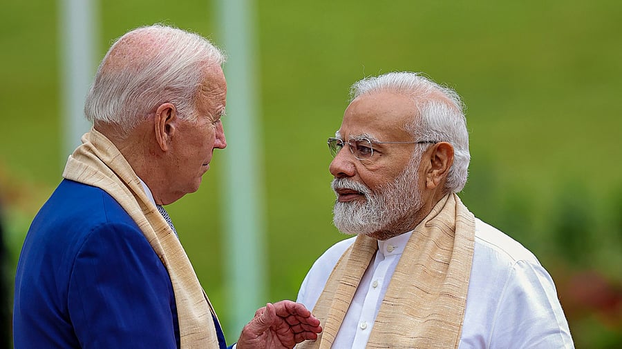 <div class="paragraphs"><p>Prime Minister Narendra Modi with US President Joe Biden at Mahatma Gandhi's memorial Rajghat on the final day of the G20 Summit, in New Delhi, Sunday, Sept. 10, 2023.</p></div>
