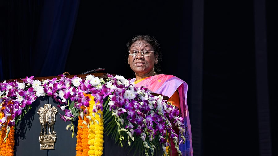 <div class="paragraphs"><p>President Droupadi Murmu addresses during the inauguration of 'Global Symposium on Farmers Rights', at the National Agriculture Science Centre Complex in New Delhi, Tuesday, Sept. 12, 2023. </p></div>