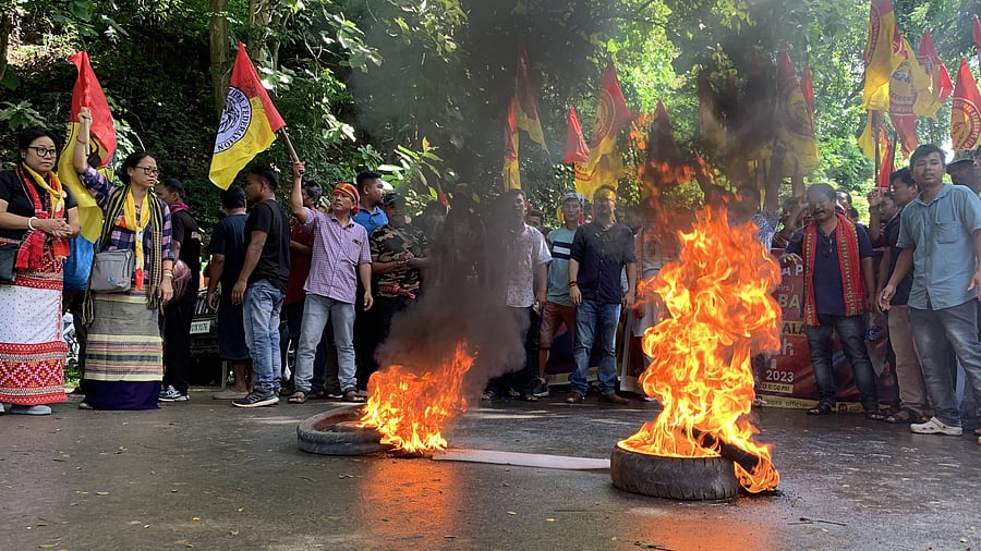 <div class="paragraphs"><p>Tipraha Indigenous Progressive Regional Alliance (TIPRA) Motha supporters burn tyres during a protest demanding a separate Greater Tipraland state for tribals, in West Tripura district.</p></div>