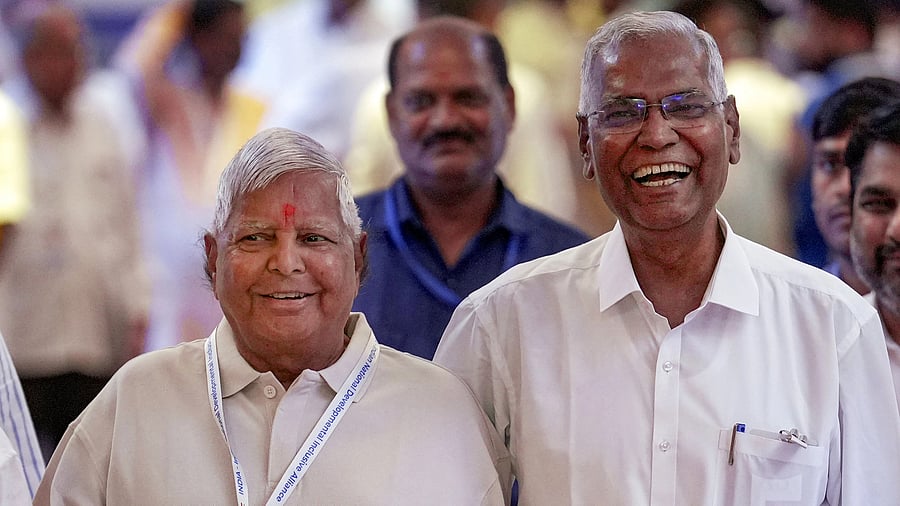 <div class="paragraphs"><p>RJD leader Lalu Prasad Yadav along with Communist Party of India leader D Raja arrives for the I.N.D.I.A alliance meeting, at a hotel in Mumbai, Thursday, Aug. 31, 2023. </p></div>