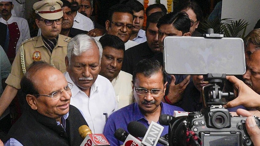 <div class="paragraphs"><p>Delhi LG VK Saxena (L) with Legislative Assembly Speaker Ram Niwas Goel (C) and CM Arvind Kejriwal.&nbsp;</p></div>