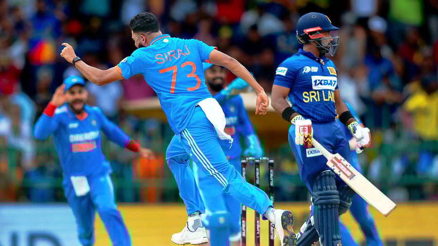 <div class="paragraphs"><p><em><em>Colombo: India's Mohammed Siraj celebrates the wicket during the Asia Cup final cricket match between India and Sri Lanka, in Colombo, Sri Lanka, Sunday, Sept. 17, 2023.</em></em> </p></div>