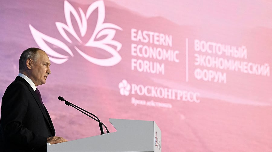 <div class="paragraphs"><p>Russian President Vladimir Putin delivers a speech during a session of the 8th Eastern Economic Forum in Vladivostok, Russia, September 12, 2023.  </p></div>