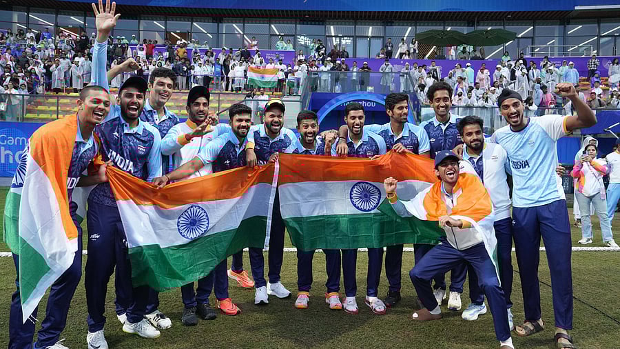 <div class="paragraphs"><p>Indian players celebrate after winning the Men's Gold Medal cricket match against Afghanistan at the 19th Asian Games, in Hangzhou, China, Saturday, Oct. 7, 2023.</p></div>