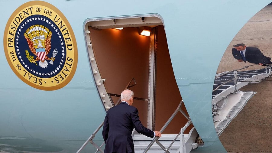 <div class="paragraphs"><p>U.S. President Joe Biden boards Air Force One as he departs Joint Base Andrews for a high-stakes visit to Israel, in Maryland, U.S., October 17, 2023.</p></div>